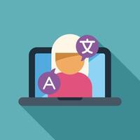 Woman using online translator on laptop for language learning vector