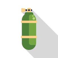 Green oxygen tank icon with long shadow showing compressed gas cylinder vector