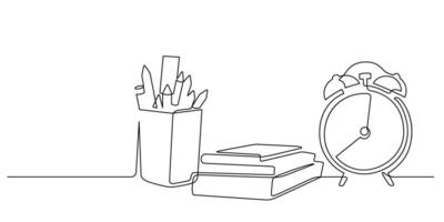 pencil holder and alarm with stack of books one line drawing continuous vector