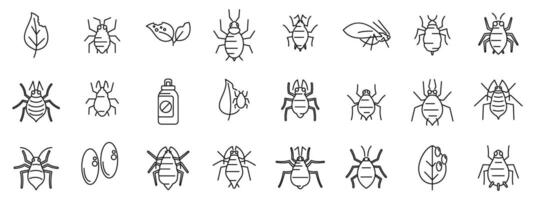 Aphid icons set. Line icons of different parasites and insecticides vector
