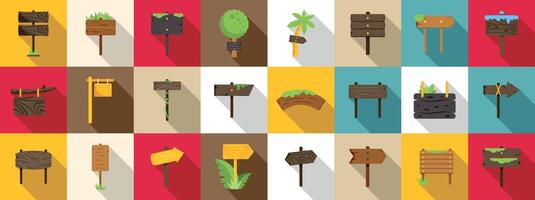 Forest wooden signboard icons set. Set of various wooden signposts showing different directions in nature vector