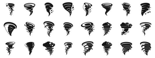 Cyclone twister cloud icons set. Big set of different tornadoes twisting and swirling vector