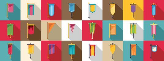 Pennon pole icons set. Medieval flags icon set representing different kingdoms participating in a tournament vector