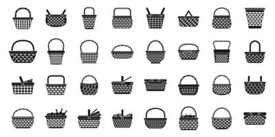 Wicker basket icons set. This collection showcases a variety of empty wicker baskets, perfect for various uses vector