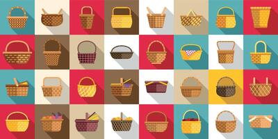 Wicker basket icons set. Collection of empty wicker baskets for grocery shopping or picnic in nature vector