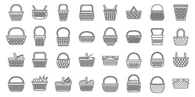 Wicker basket icons set. Large set of various empty wicker baskets with handles for grocery or picnic vector