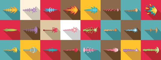 Laser gun shots icons set. Collection of colorful icons showing the trajectory of magic spells vector