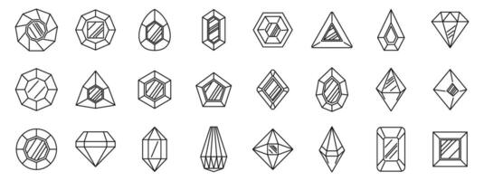 Ruby rock icons set. Set of different cuts of precious stones, minerals, diamonds, crystals, reflecting light, hand drawn vector illustration