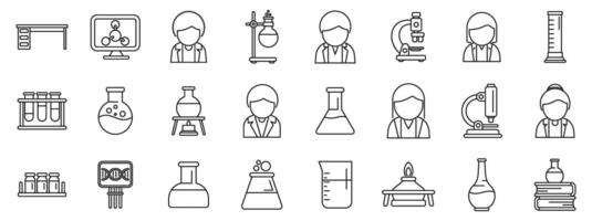 Student university laboratory icons set. Scientists working in laboratory using chemical equipment line icons set vector