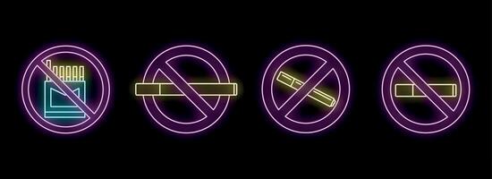 Neon no smoking sign with smoking cigarettes in circle isolated on black background vector