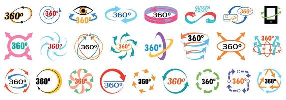 360 degrees icons set. Set of 360 degree rotation arrows showing full circle revolution vector