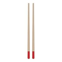 Pair of wooden chopsticks with red bottoms standing upright on white background vector