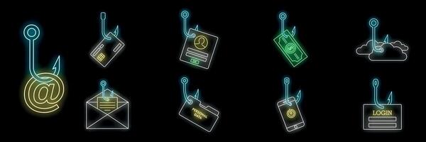 Cyber security concept with different types of phishing, neon icons set vector