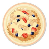 Oatmeal porridge with strawberries and blueberries topped with yogurt or cream being served on plate for breakfast vector