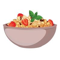 Delicious oatmeal with strawberries and basil in bowl vector