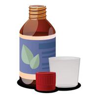 Brown glass syrup bottle open with measuring cup and lid vector