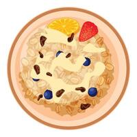 Oatmeal porridge with berries and slices of orange and milk cream being served on plate for breakfast top view vector illustration