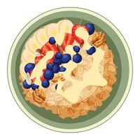 Bowl of oatmeal with fruits, nuts, and cream being poured on top vector