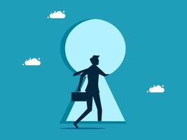 businessman walking through keyhole with key in hand vector