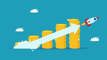 a rocket is going up a stack of coins growth vector
