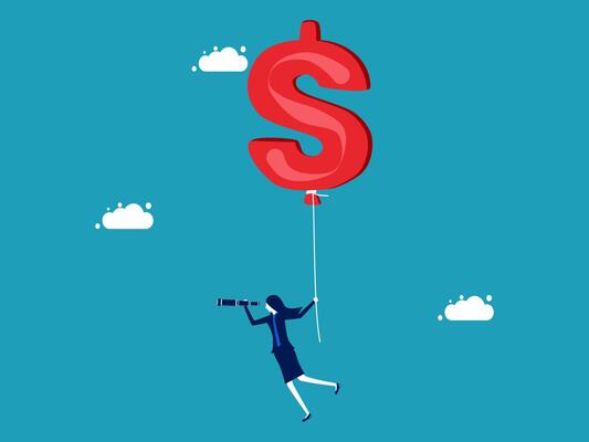 woman holding a big dollar sign on a string