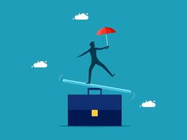 businessman balancing on a scale with umbrella and briefcase vector