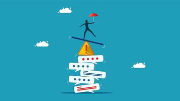 businessman balancing on top of a stack of speech bubbles vector