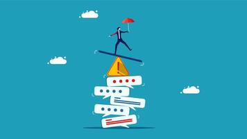 businessman balancing on top of a stack of speech bubbles vector