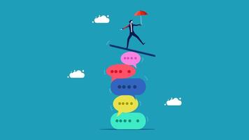 man balancing on top of stack of speech bubbles vector