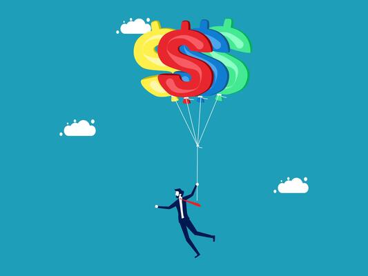 businessman flying with dollar sign on a string
