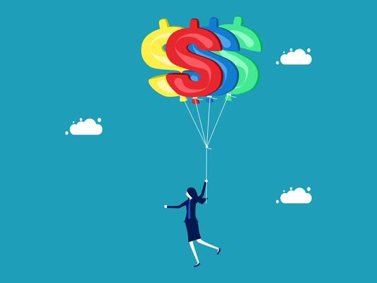 woman flying with dollar sign on a string