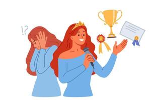 Woman with impostor syndrome experiences stress despite having victories and achievements in life vector