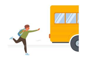 Boy who is late for school bus with backpack on back runs and screams loudly to make it to class vector