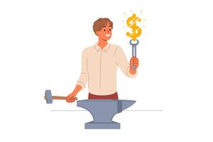 Business man doing money making, using anvil and hammer to produce dollar symbol vector