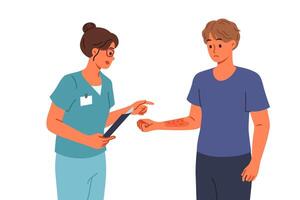 Man with allergies seen by doctor examining rash and redness of skin caused by influence of allergen vector