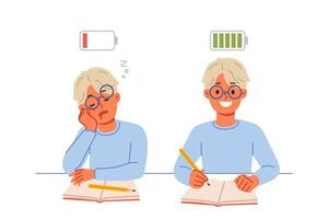 Exhausted schoolboy doing homework, showing comparison before and after healthy sleep or rest vector