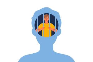 Man hostage to own psychological trauma, sits in prison inside head and needs psychotherapist vector