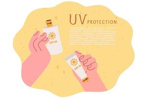 Sunscreen spf30 and spf50 in hands of person choosing product to protect against uv radiation vector