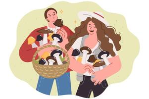 Couple collects mushrooms in wicker basket and laughs, rejoicing at good harvest after autumn rain vector