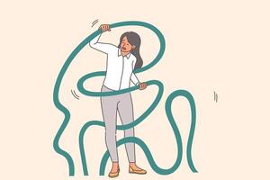 Woman is entangled in problems and troubles, and needs help to get out of binding ropes vector