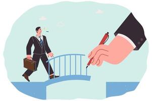 Patron helps business man to overcome obstacle on path to success and draws bridge over precipice vector