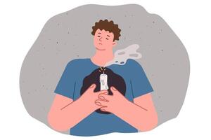 Man lost hope and grieving, feeling devastation, holding extinguished candle in front of chest vector