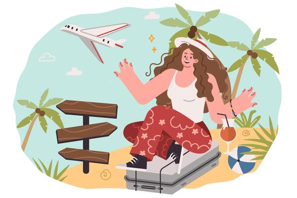 Woman tourist travels to exotic islands with palm trees, sits on suitcase with luggage