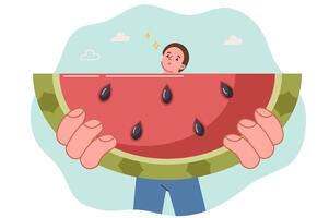 Piece of watermelon in hands of hungry man eating sweet fruit to quench thirst and relieve hunger vector
