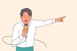 Man TV presenter tells breaking news holding microphone and pointing finger to side vector