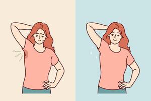 Woman with sweaty armpits rejoices after smell and stains on clothes disappear thanks to deodorant vector