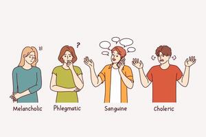 People with different temperament with text melancholic and phlegmatic or sanguine and choleric vector