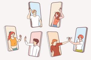 People on mobile phones wave hands in friendly manner and want to communicate and get to know each vector
