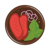 A plate with meat and vegetables on it vector