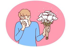 Allergic man holding bouquet flowers and using handkerchief suffering from pollen vector